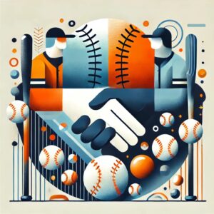 プロ野球選手たちの友情と絆を象徴する抽象的なフラットイラスト。重なり合う形や暖かい色調で、仲間意識とつながりを表現しています。