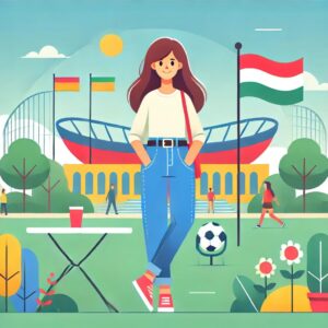 サッカー観戦を楽しむ現代的なカジュアルファッションの女性とスタジアム背景のフラットイラスト