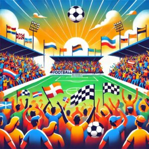 サッカー観戦を楽しむための節約術をテーマにした、スタジアムの活気あるシーンのフラットイラスト。応援する観客と青空が印象的。