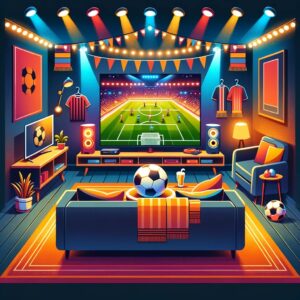 サッカー観戦の臨場感を自宅で楽しめるリビングルーム。LED照明とサッカーデコレーションが特徴的なモダンな空間。