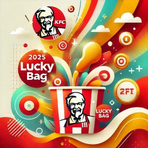 ケンタッキー福袋2025の内容とお得さを象徴する抽象的なフラットイラスト。オリジナルチキンや引換券のイメージが描かれたデザイン。