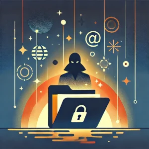 抽象的なフラットイラスト。有村架純の台本流出事件とデータセキュリティ問題を象徴するデザイン。ファイルフォルダーとデータ流出を表すデジタルな要素が含まれている。