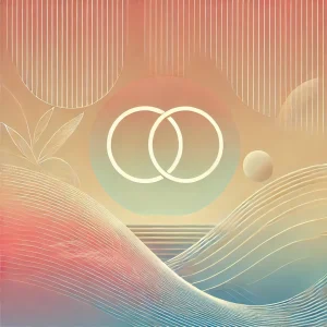 愛と結びつきを象徴する抽象的なフラットイラスト。二つのリングが繋がり、調和を示す柔らかな波線とパステルカラーの背景が特徴。