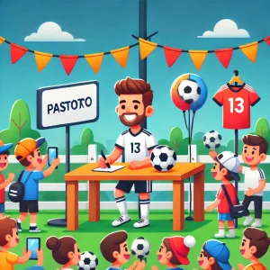 サッカー選手がファンと触れ合うファンミーティングイベントの様子をデフォルメしたイラスト。