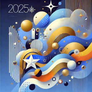 Snow Manの2025年オフィシャルカレンダーをイメージした、祝祭感とモダンなデザインを表現する抽象的なフラットイラスト。