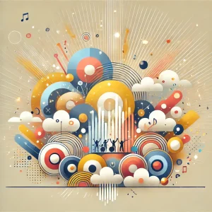 Snow Manがオリコン年間ランキングで史上最多6冠を達成した成功と、音楽業界の新たな可能性を象徴する抽象的なイラスト。舞台やライト、躍動感を表すカラフルな幾何学模様が描かれています。