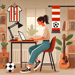 副業でサッカー観戦費用をまかなう女性が、自宅で趣味と仕事を両立させている様子のイラスト。