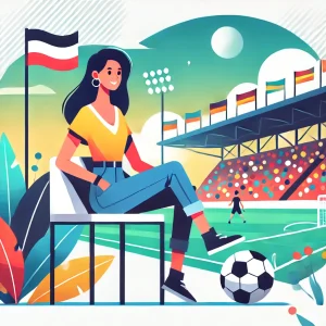 サッカー観戦を楽しむ女性がスタジアムでリラックスして座っているフラットイラスト。副業で得た収入で家族観戦や個人の楽しみを充実させることをテーマにしたブログに最適。