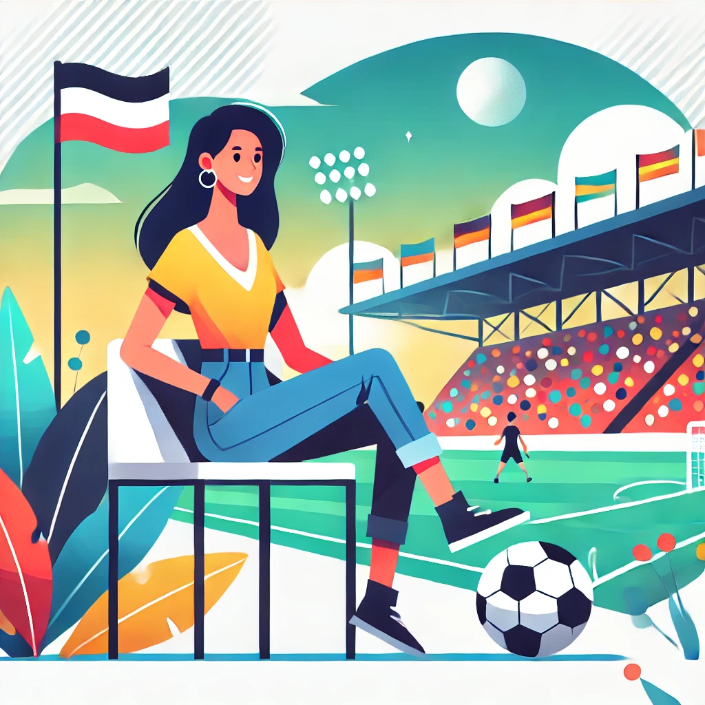 サッカー観戦を楽しむ女性がスタジアムでリラックスして座っているフラットイラスト。副業で得た収入で家族観戦や個人の楽しみを充実させることをテーマにしたブログに最適。