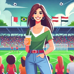 サッカー観戦を楽しむ洋服姿の女性のイラスト。スタジアムの観客席からフィールドを見渡しながら笑顔でリラックスしている様子を描写。