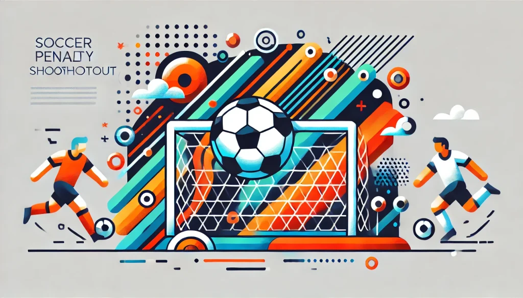 サッカーのPK戦を象徴する抽象的なフラットイラスト。ゴールポストやサッカーボールの要素が幾何学的にデザインされ、緊張感とエネルギーを表現した構図。