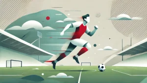 サッカー選手が新チームでの再出発を象徴する抽象的なフラットイラスト。赤と白のユニフォームの選手がエネルギッシュに走る姿とミニマルなスタジアム背景。