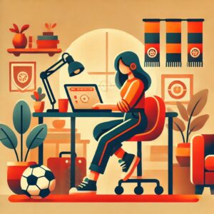 副業で収入を得る女性のイラスト。デスクでパソコンを操作し、背景にサッカーボールとチームのスカーフがある様子を描写。