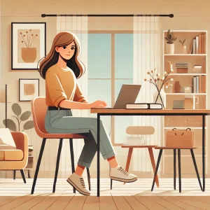 サッカー観戦費用を副業で稼ぐ女性が、自宅でノートパソコンを使いながら作業している様子を描いたイラスト。