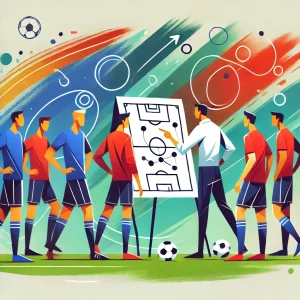 コーチがサッカー選手に戦略を説明している様子を描いたフラットイラスト