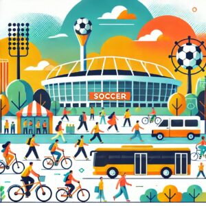 サッカー観戦に向かう人々が、バスや自転車、徒歩などのさまざまな交通手段を利用している様子を描いたフラットイラスト。背景にはスタジアムが見える。