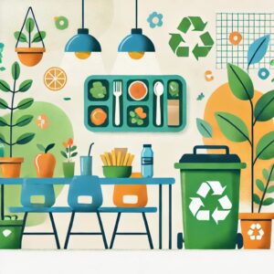 学校給食の食品ロス削減をイメージしたフラットな抽象イラスト。給食トレイ、リサイクルボックス、持続可能性を象徴する緑と青の色彩を使用。