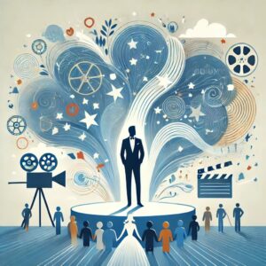 吉沢亮の結婚報道が映画やCM活動に与える影響を象徴する、ステージに立つ男性と周囲の映画リールやファンを抽象的に描いたフラットイラスト