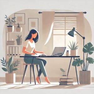 代替テキスト（altタグ） 副業収入の使い方を考える女性が、自宅のデスクでパソコンを使いながら予算管理をしている様子。背景には観葉植物と本棚があり、温かみのある家庭的な雰囲気。