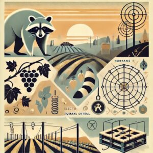 農作物を守るためのアライグマ対策をイメージした抽象的なフラットイラスト。農場、電気柵、捕獲用箱わな、スタイリッシュなぶどう畑が描かれており、自然との共生を示唆しています。