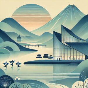 富山の観光スポットと文化を象徴する抽象的なフラットイラスト。富山市ガラス美術館、立山連峰、おわら風の盆をイメージした要素が調和して描かれたデザイン。