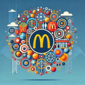 マクドナルドの多様性施策廃止に関するブログ用抽象的なフラットイラスト。多様性と包摂性を象徴するカラフルでミニマルなデザイン。