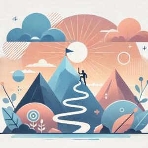 抽象的なフラットイラスト、困難を乗り越え成功を目指す様子を描いた山を登る人のシルエットと日の出