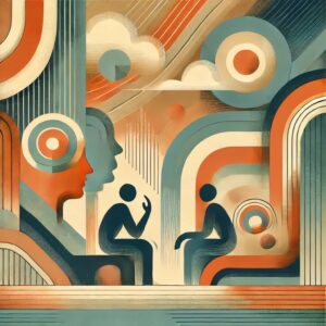 抽象的なデザインで描かれた人々の対話シーン。温かみのある色調で、深い思索や感情的な会話、指導を象徴するイラスト。