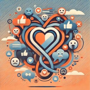 SNSにおける議論とファン反応を象徴する抽象的なイラスト。オレンジとブルーのグラデーションで愛と葛藤を表現し、ハートやスピーチバブル、感情のアイコンが描かれたデザイン。