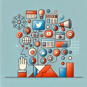 エイベックス松浦勝人会長のSNS投稿と週刊誌への警告をテーマにした抽象的なフラットイラスト。メディアの影響力、デジタルコミュニケーション、企業イメージの変化を象徴するデザイン。