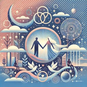 中条あやみと市原創吾氏の幸せ婚をイメージした、愛と成功、パートナーシップを象徴する抽象的なフラットイラスト