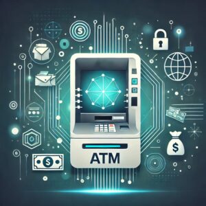 ATM（現金自動預け払い機）の概念を象徴する抽象的なフラットイラスト。モダンな金融技術を表現し、青や緑のトーンで描かれたデザイン。