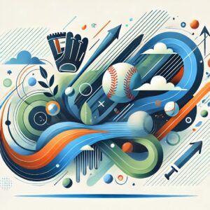 プロ野球選手・伊藤優輔の移籍を象徴する抽象的なフラットイラスト。ダイナミックなラインと成長を表現する要素を使用。