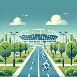 自転車でスタジアムへ向かうサイクリングロードのイラスト。青空の下、緑の木々に囲まれた安全で快適なルートを描いた風景。