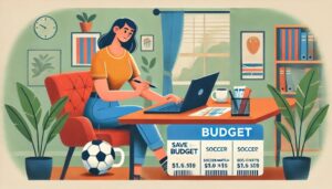 サッカー観戦費用を確保するために、自宅のデスクで予算計画を立てる女性のイラスト。副業や節約術を取り入れた観戦資金の管理をイメージしています。