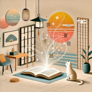 国生さゆりの小説『国守の愛』にインスパイアされた抽象的なフラットイラスト。執筆を象徴する開いた本と光、猫、シンプルな和風の部屋が描かれ、創作と平穏を表現。