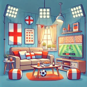 快適なリビングルームでスポーツ観戦を楽しむためのインテリア。ソファ、スナック、LEDライト、大画面テレビが揃ったスタイリッシュな空間。