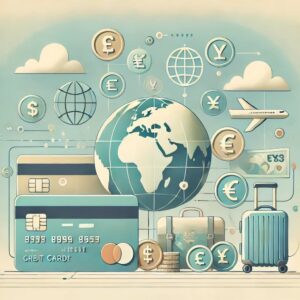 海外旅行中のクレジットカード手数料を節約する方法を象徴した抽象的なフラットイラスト。地球儀、クレジットカード、通貨交換アイコン、旅行用スーツケースが描かれており、節約やお得な決済を表現しています。