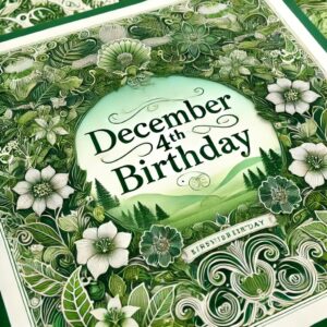 12月4日 誕生日の英語メッセージが描かれた、緑色を基調としたきれいな誕生日カード。華やかなデザインにたくさんの装飾が施されている。