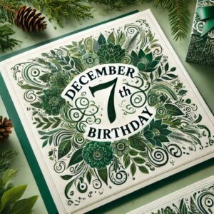 12月7日誕生日カード - 緑色を基調にしたきれいなデザインと「December 7th Birthday」の文字が特徴的な華やかな画像