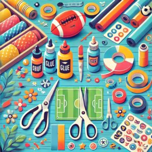 応援グッズを手作りするための作業スペースに並べられたカラフルなクラフト材料（ハサミ、リボン、布、デコレーションシールなど）