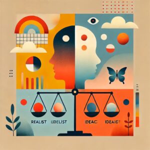 川口春奈と松村北斗がドラマ「アンサンブル」で初共演する様子を象徴した、現実主義と理想主義を対比した抽象的なフラットイラスト