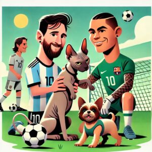 有名サッカー選手とその愛するペットたちを描いたデフォルメイラスト。メッシの大型犬、ロナウドのスフィンクス猫、ネイマールのヨークシャーテリアが、サッカーグラウンドの背景で楽しく遊んでいる様子。