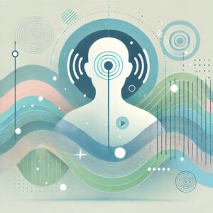 健康と回復をテーマにした抽象的なイラスト。パステルカラーの波形や音の振動が聴力を象徴し、バーチャルエンターテインメントを想起させるデジタルシルエットが含まれるデザイン。