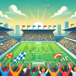 サッカー観戦でスタジアムを楽しむファンのイラスト。節約方法として観戦費用を抑えるコツを解説するブログ用。