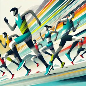 箱根駅伝の高速化を象徴する抽象的なフラットイラスト。ランナー、躍動感、スピード、競争をモチーフにしたデザイン。