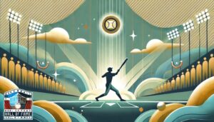 イチロー氏の野球殿堂入りに関連した抽象的なフラットイラスト。バッターのシルエットが野球場を背景に描かれており、名誉と達成を象徴するデザイン。