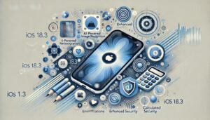 iOS 18.3の新機能と改善点を象徴する抽象的なフラットイラスト。Apple Intelligenceの強化、通知要約の改善、計算機アプリの進化、セキュリティ向上などを表現。