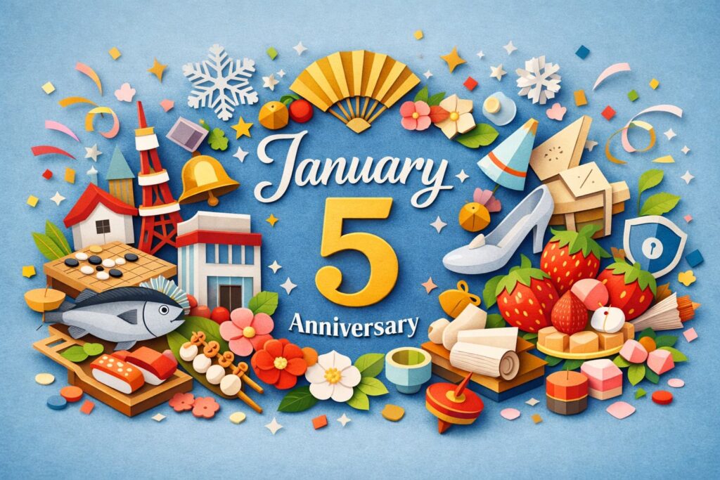 1月5日は何の日かを紹介する小寒、仕事始め、取引所大発会、魚河岸初競りなど主要な記念日を表現したビジュアル January 5 Anniversary