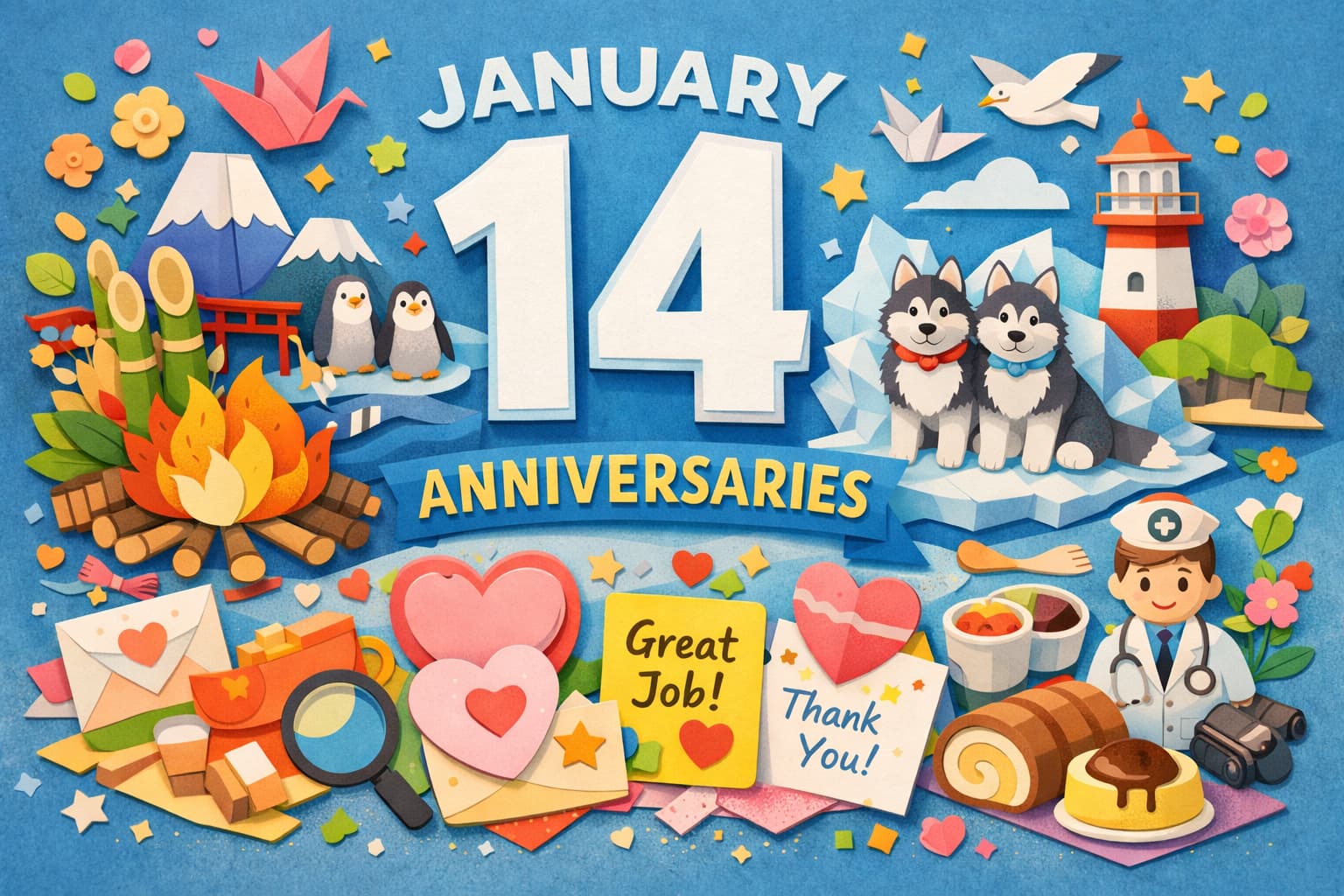 1月14日は何の日｜左義長・タロとジロの日・褒め言葉カードの日など主な記念日を解説